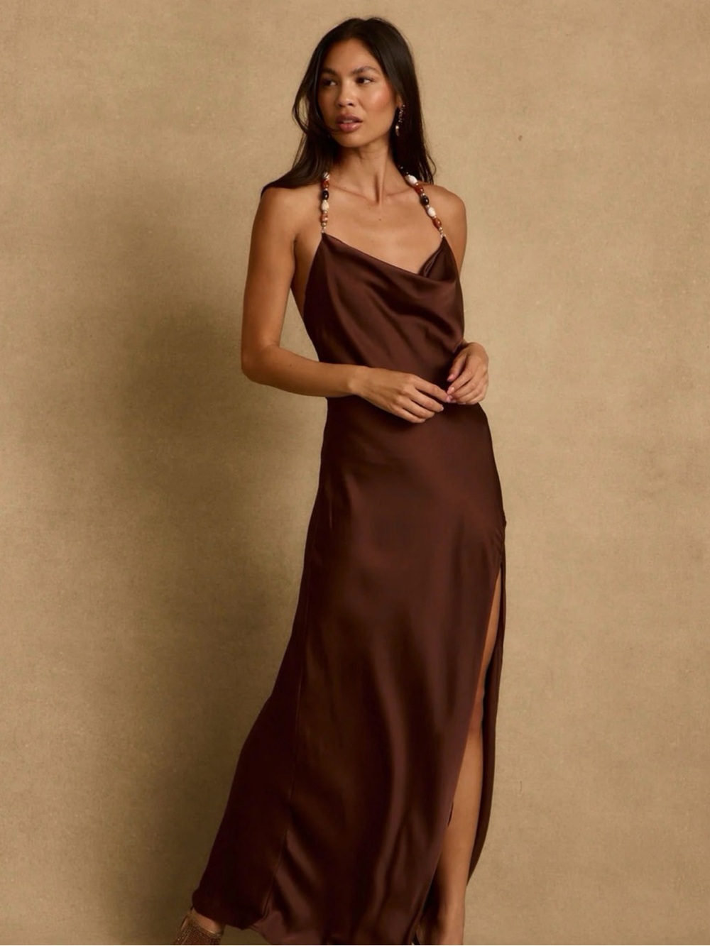 Tiger Mist Brown Satin Cowl Maxi Dress with Beaded Halter